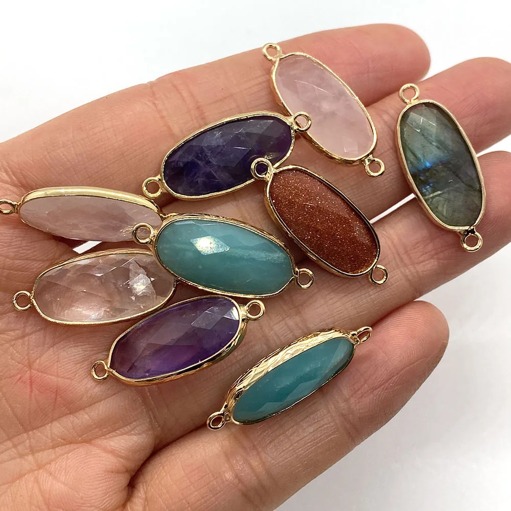 

Natural Stone Amethyst Sparkling Stone Necklace Connector 10x28mm Oval Pendant Charm Jewelry DIY Earrings Bracelet Accessories