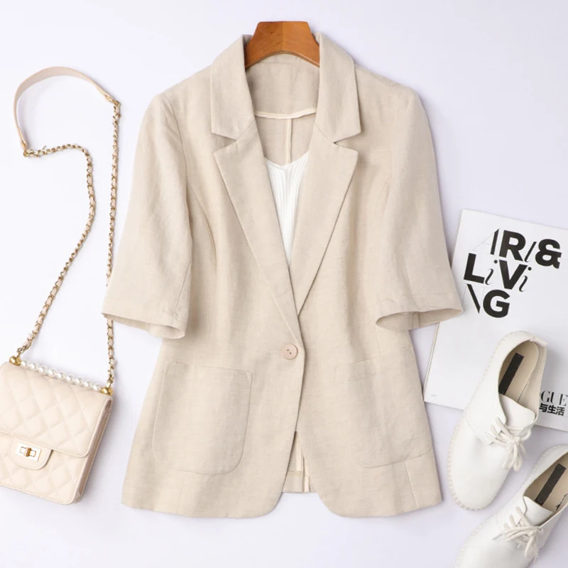 Cotton Linen Blazer Jacket Women Summer Outwear High Quality Solid Single Button Notched Blazer Suits Women's Short Sleeve Top