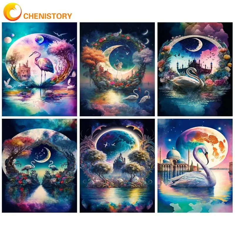 

CHENISTORY Diamond Paint With Frame Moon Landscape Crane 5D DIY Mosaic Embroidery Home Decoration Adults Crafts Cross Stitch