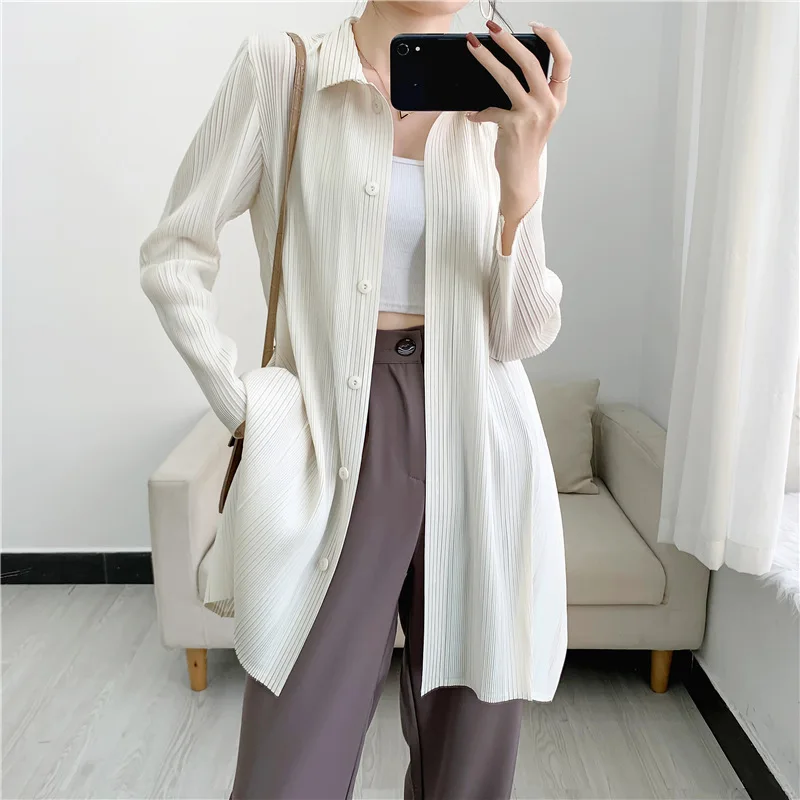 Spring new Miyake pleated shirt women's mid-length cardigan a row of button pleated clothes women's side slit