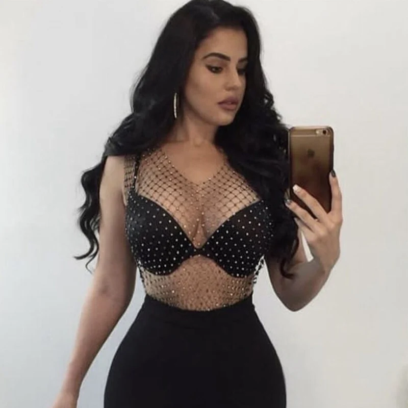 Сексуальная сетчатая укороченная майка со стразами женская летняя накидка