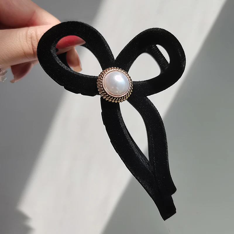 

Новинка Черный флокирующий бант Краб для волос большой размер заколка для волос для конского хвоста жемчужные заколки для волос модные гол...