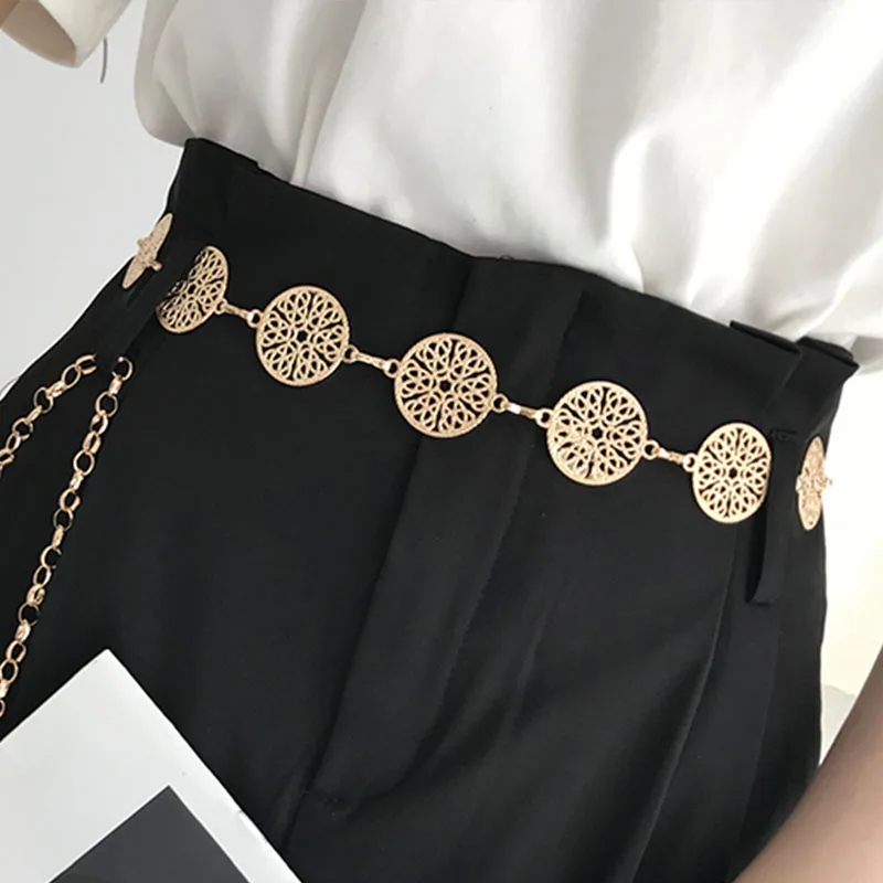 

Thin Belt Silver Gold Round Engraved Fashion Elegant Women's Waist Chain Metal Adjustable Ladies Dress Strap Clothes Accessories