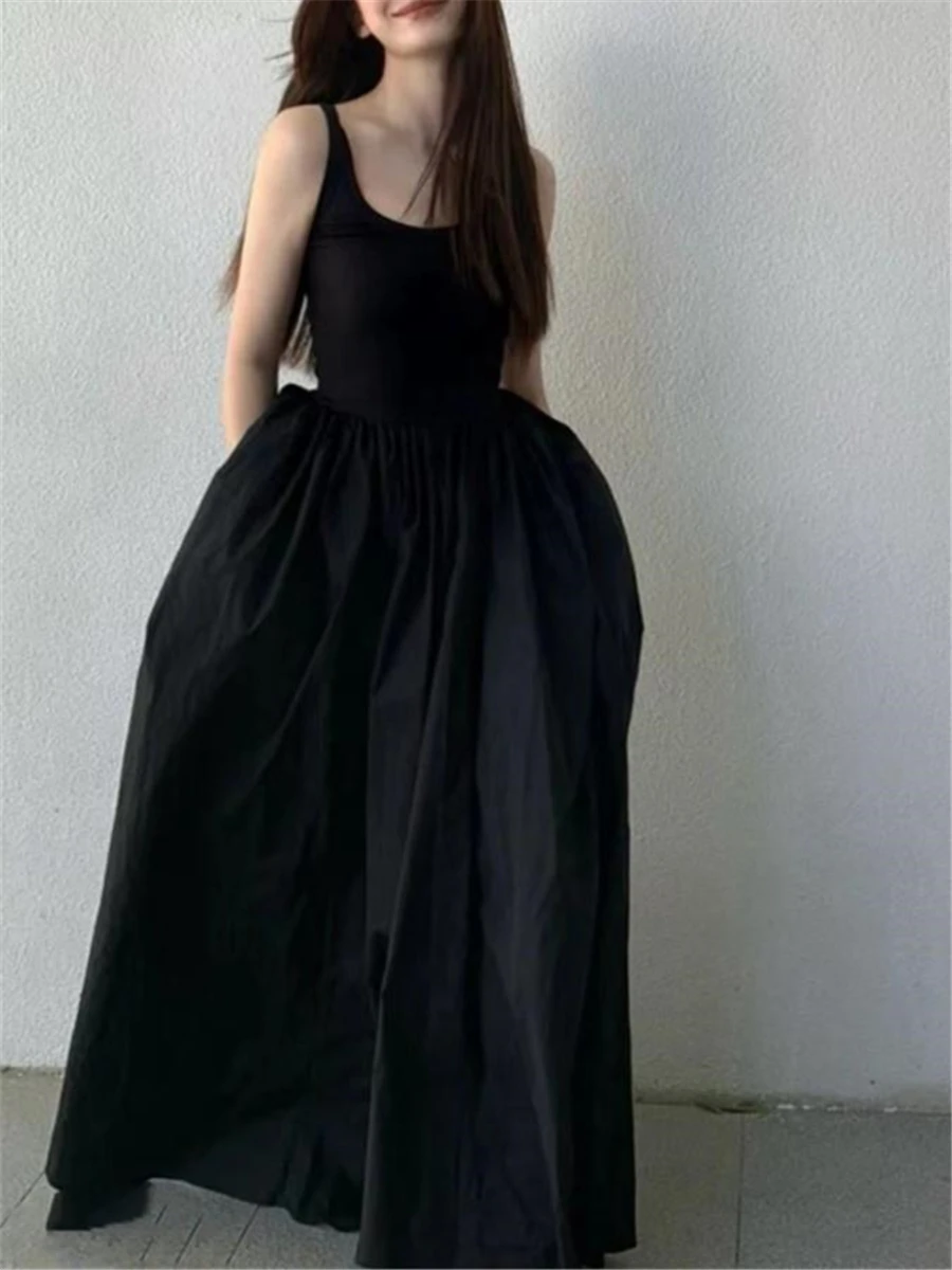 

Black Long Tank Dress Women Spring Summer O Neck Floor-length Office Lady Casual Pockets Dresses 2023 New Female Clothing
