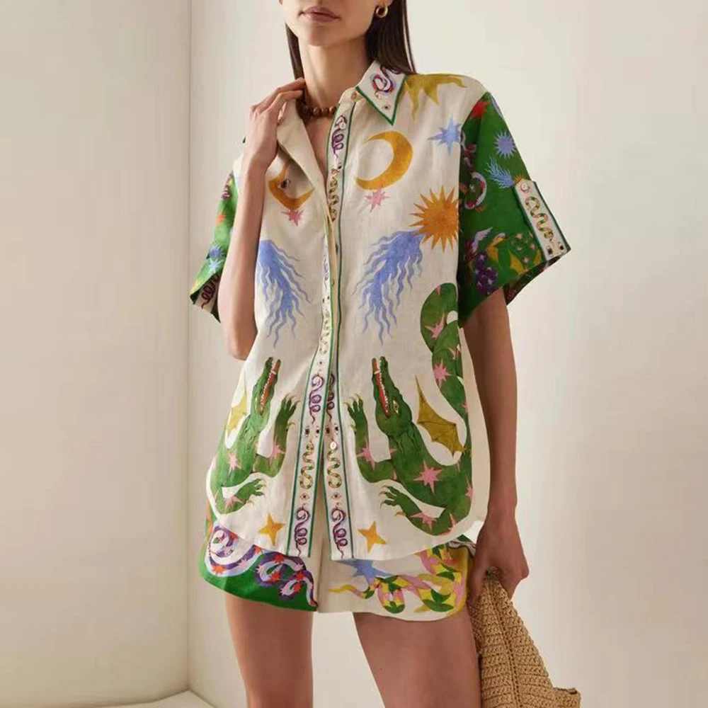 

2023 New Vintage Style Cartoon Print Women Loose Linen Shirt Top+ Ealstic Waist Shorts Set