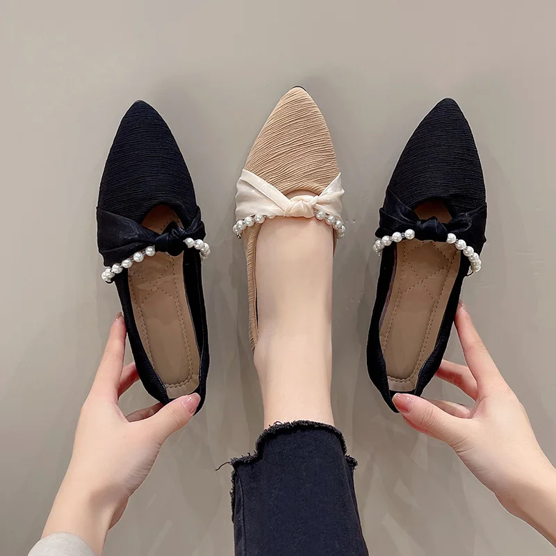 Pearl Decorateion Shoes Woman 2023 Pointed Toe Modis Autumn Casual Female Sneakers Flats Shallow Mouth Beading New Big Size Cute