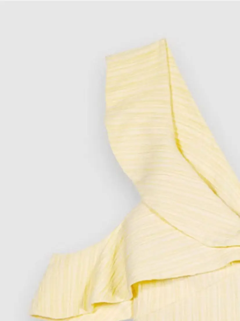 

Women Ruffles Backless Shirt Navel Exposed Yellow V-neck Temperament Sleeveless Lady 2023 Summer Short Blouse