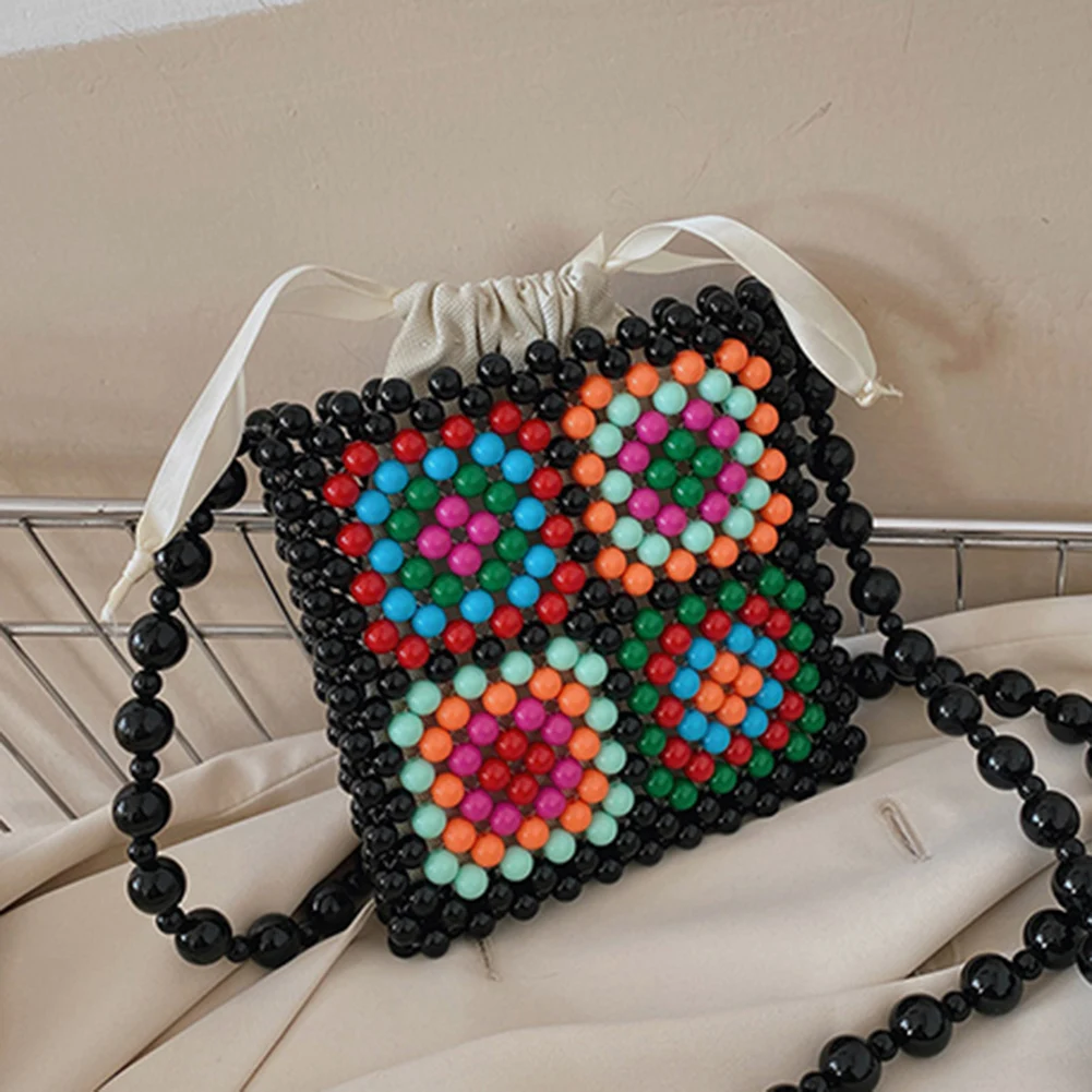 

Handmade Beaded Shoulder Bag for Women Summer Ethnic Style Acrylic Pearl Chain Purse Handbag Vintage Crossbody Messenger Bag