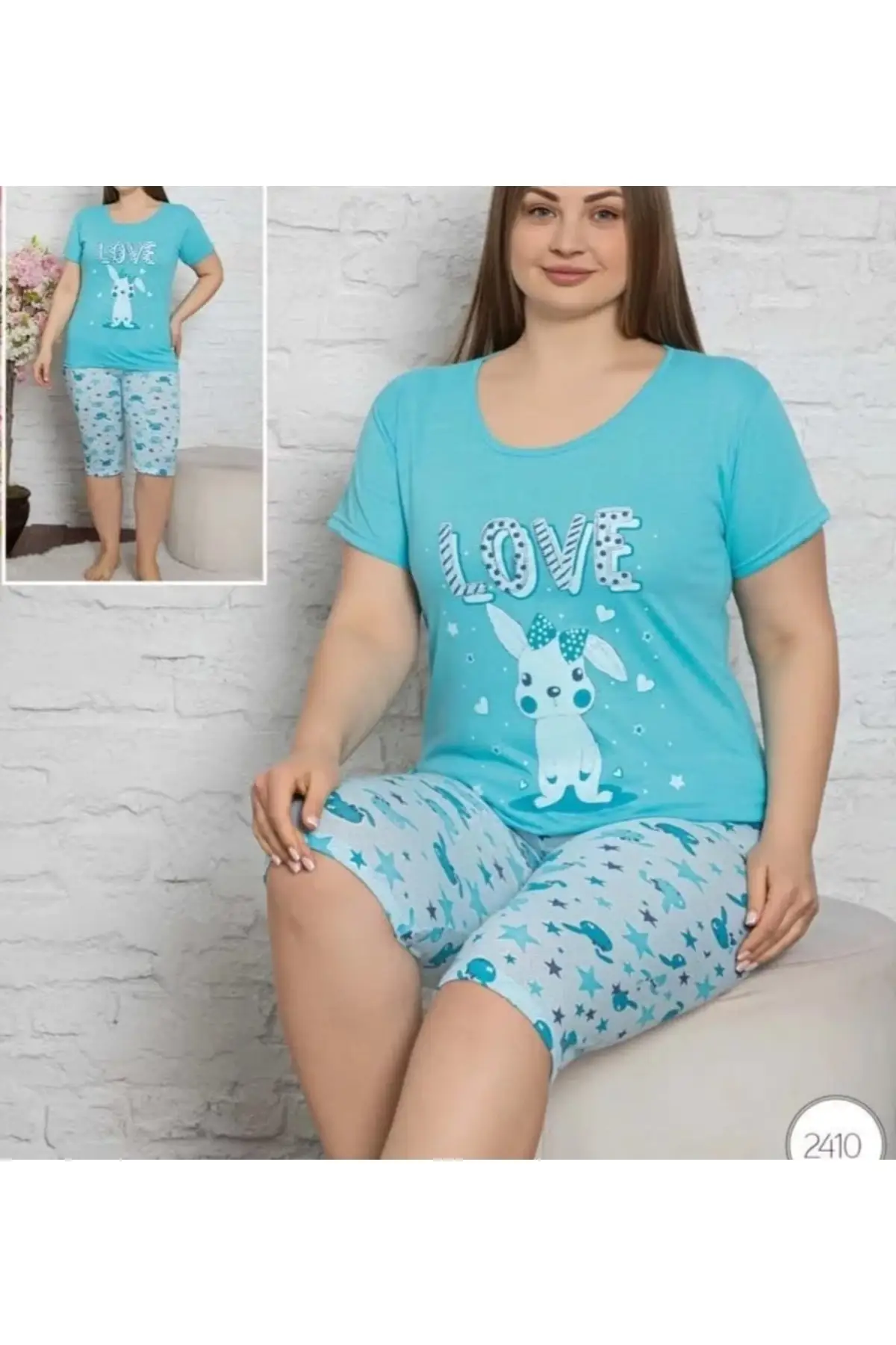 

Women's Pajamas Large Size Blue Rabbit Patterned Capri Sleep Lounge Pajamas Nightwear Sleepwear Night Suit