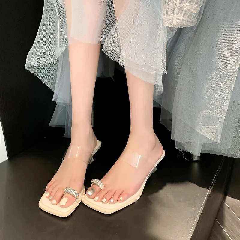 

2023 New Crystal Women Slippers Mid Heels Open Toe Slingbacks Sandals Shoes New Summer Flip Flops Designer Beach Chaussure Femme