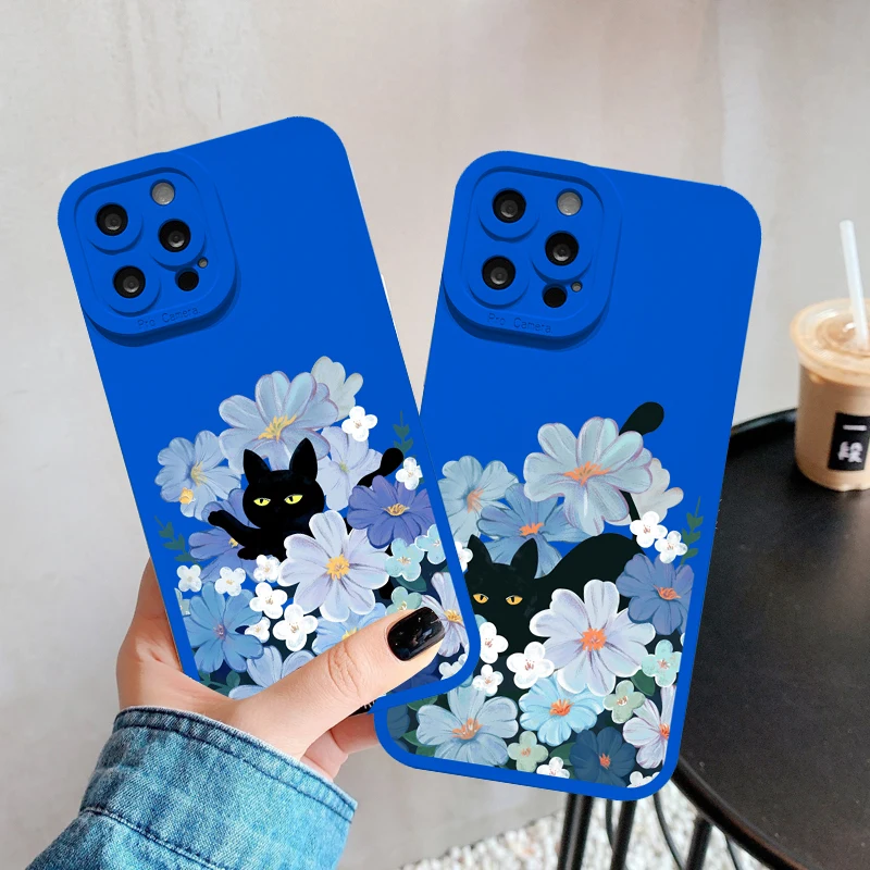 

Cute Cartoon Black Cat Phone Case for iPhone 7 8 14 Plus SE 2020 X XR XS blue flowers for iPhone 14 11 12 13 Pro MAX Soft Covers