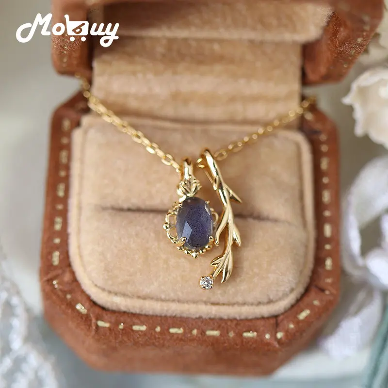 

Ожерелье MoBuy из натурального Лабрадорита для женщин, кулон из кордиеритового драгоценного камня, серебро 925 пробы, Изящные Ювелирные изделия, Винтажные Украшения