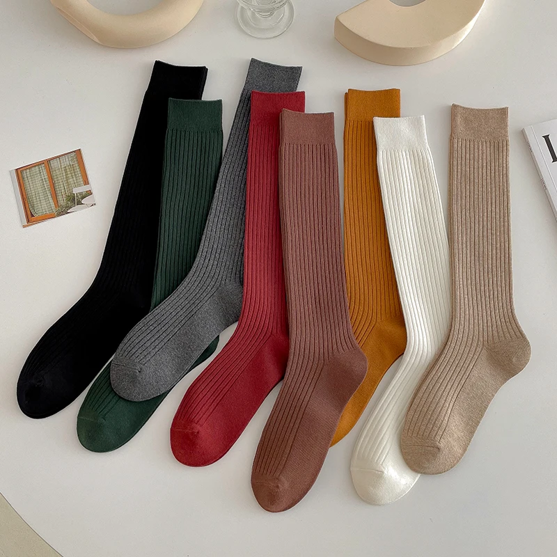 High Socks Women's Fashionable Ins Autumn and Winter Solid Japan fashion Stockings Pure Cotton Breathable Double Needle Verti...