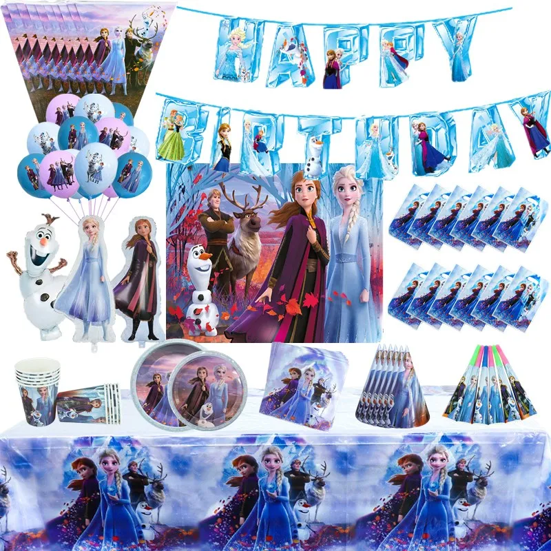 

Disney Frozen Princess Anna Elsa Disposable Paper Cup Plate Napkin Tablecloth Party Supplies Girl Birthday Party Decorations Toy