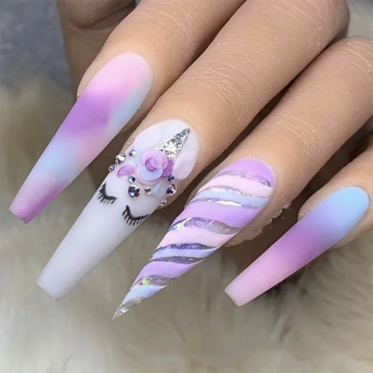 

Rainbow Blooming Unicorns Hand-Make Nail Tips Kit(10pcs) XXL Stiletto Custom-Make Fake Nails For Party Wearing Press On Nail Tip