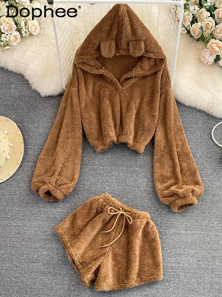 

Fashion Black Hooded Short Sweatershirt Women's Loose Long Sleeve High Waist Shorts Two Pic Set 2022 Winter