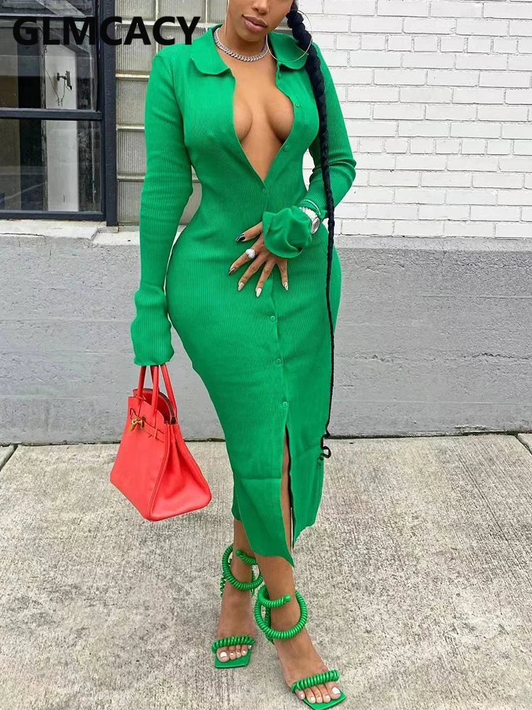 

Women Long Sleeve Ribbed Button Down Midi Dress Casual Dress