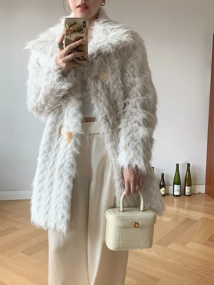 Fox Fur Coat Female White Ox Horn Button  Stand Collar Vintage Faux Fur Coat Long Winter Jacket Women Thick Warm furry Overcoat