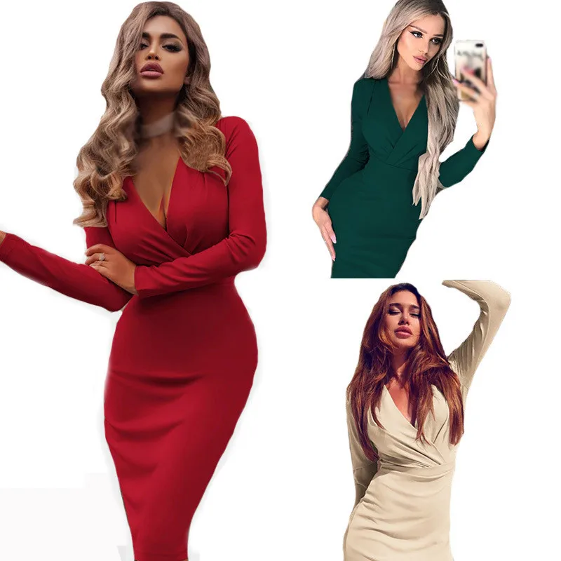 

Women Dress Autumn Winter Casual Solid Color Long Sleeve Elegant Office Lady Dress Sexy Deep V Neck Bodycon Pencil Party Dresses