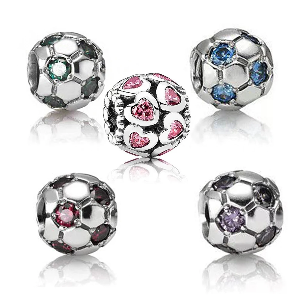 

New Fashion S925 Sterling Silver Football Charm Beads with CZ Jewellery Bracelet Necklace and Pendant for European Casual Style