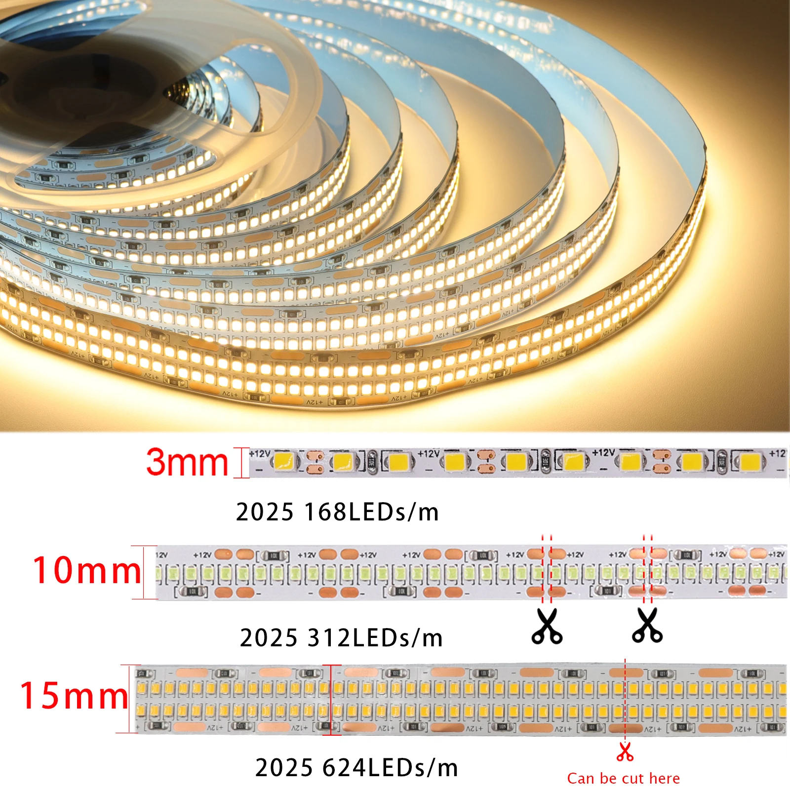 DC 12 В 3/10/15 мм PCB Светодиодная лента 2520 2025 SMD высокая яркость 168/312/624Led s/m IP21/IP67 водонепроницаемая гибкая светодиодная лента 5 м