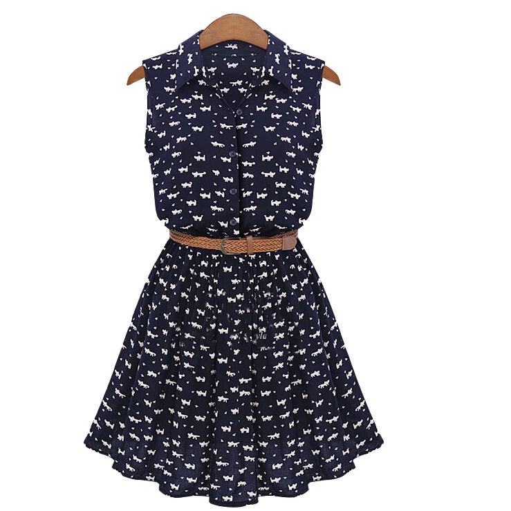 

Skirt new style in summer, European and American style, cat footprint print, slim sleeveless dress, lined skirt [send belt]