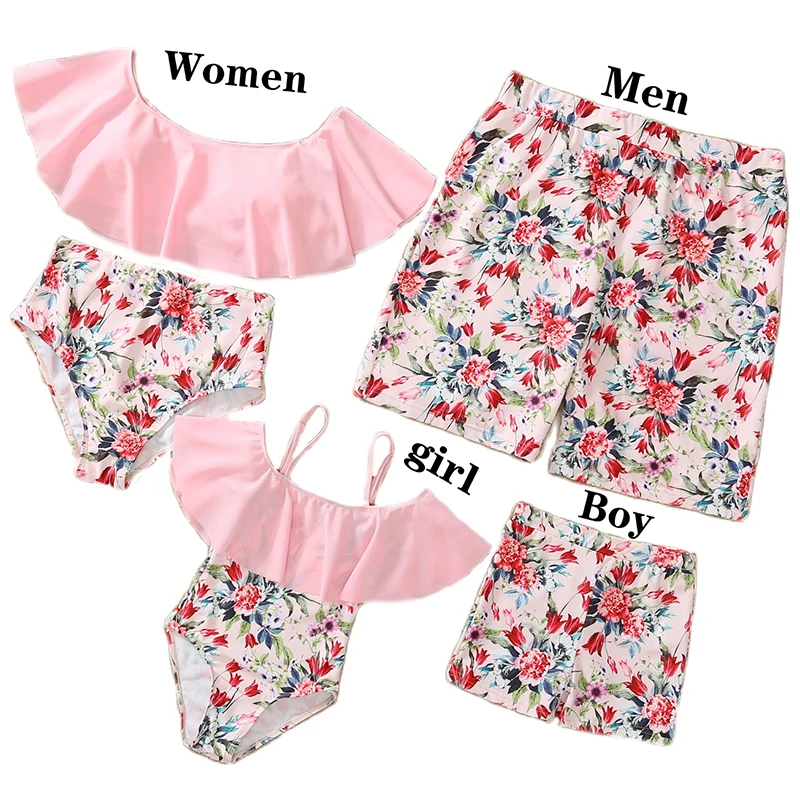 

2023 Leaf Swimsuits Family Matching Outfits Look One-Piece Mother Daughter Swimwear Mommy and Me Clothes Father Son Swim Shorts