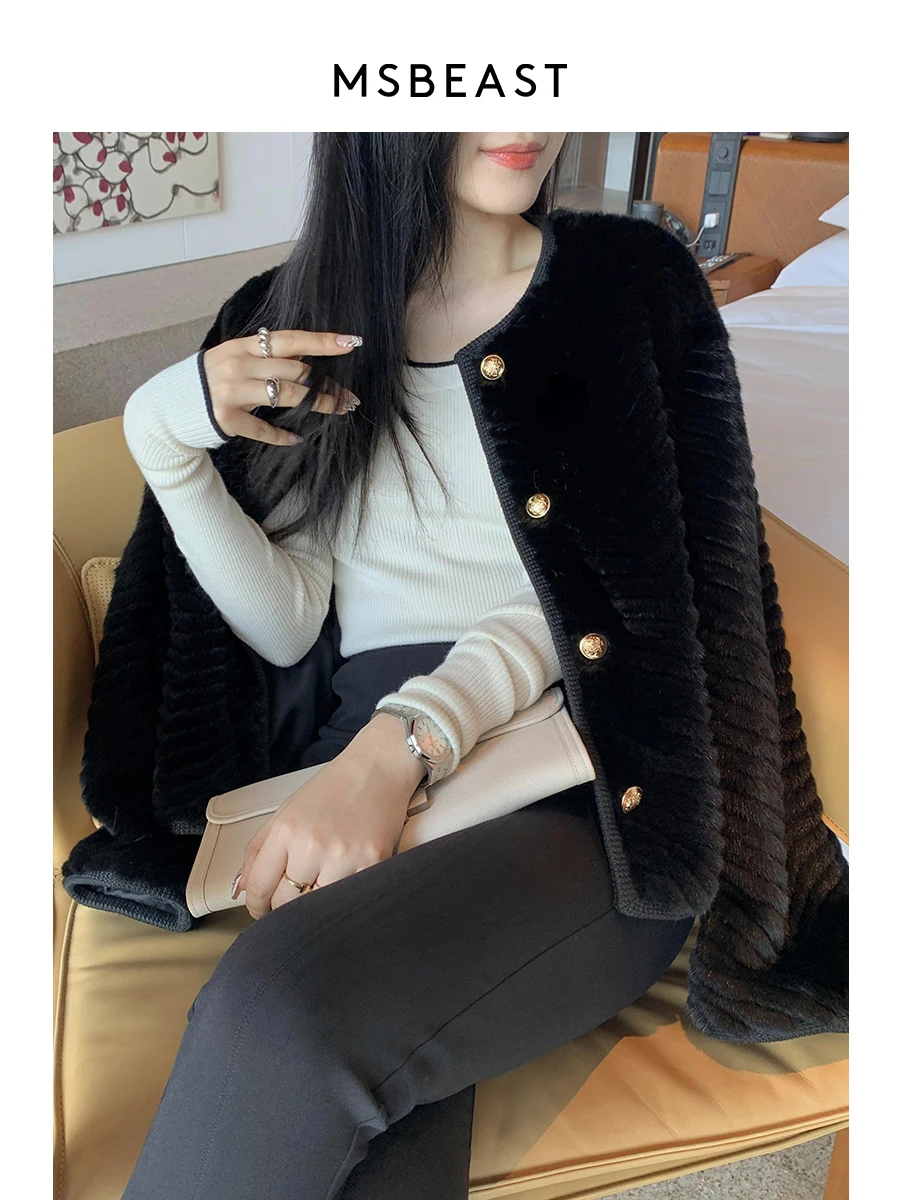 V-Shaped Leather Purple Standard Mink Fur Coat Female Marten Overcoats Whole Mink O-neck Short