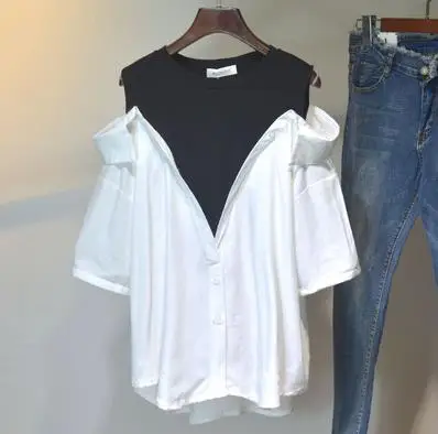 Women's Vest Stitching Off Shoulder White and Black Colorblock Clothing Femininas O Neck Long Sleeve Pullover Woman Blouses 2022