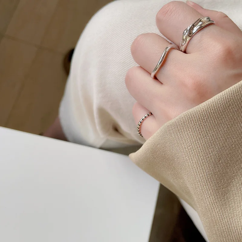 

925 Sterling Silver Ring Fashion Simple Irregular Plain Ring Index Finger Opening Accessories Wedding Jewelry Gift Box