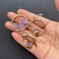 fashion natural stone amethyst round rhombus pendant 26 30mm diy gift for men and women earring necklace charm jewelry wholesale