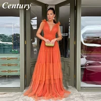 century a line orange tulle long prom dresses v neck backless tierd bow shoulder tiered skirt women party evening gowns 2022