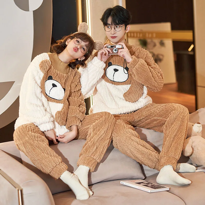 QUHENG Newest Men's Pajama Flannel Pants Set 2022 Winter Autumn Thick Warm Sleepwear for Couples Casual Loose Home Costumes Set