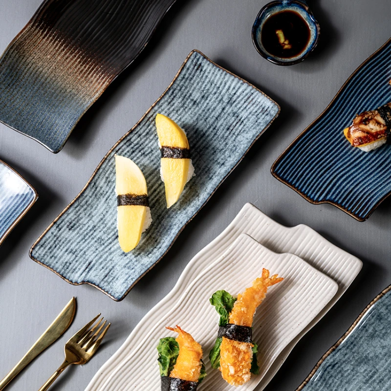 

Modern Gilded Ceramic Sushi Plate Striped Pastry Dessert Plate Household Porcelain Rectangular Cooking Dishes Kitchen Tableware