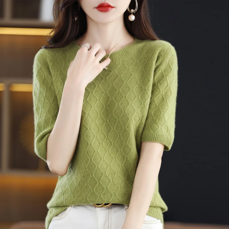 

Женская футболка с круглым вырезом, повседневный Свободный вязаный шерстяной топ с коротким рукавом, весна-лето 100%