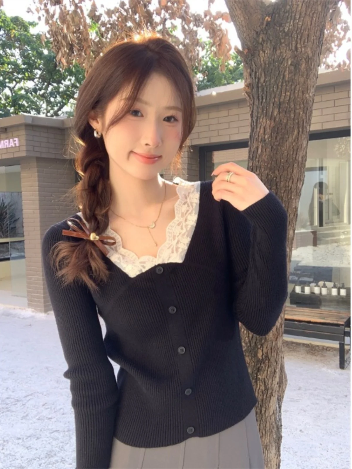 Абрикосовая кружевная нижняя рубашка женская осенне-зимняя внутренняя одежда