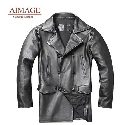 Куртка мужская из воловьей кожи, длинная Черная куртка с отложным воротником, двойная кнопка, PY232