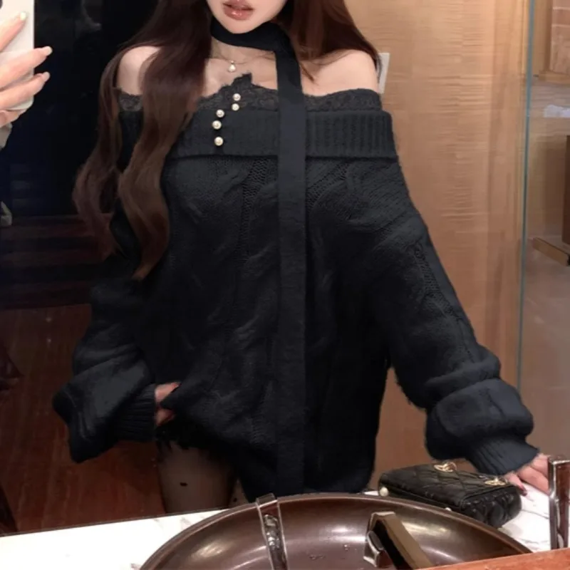 Кружевной свободный кашемировый свитер с открытыми плечами и длинными рукавами