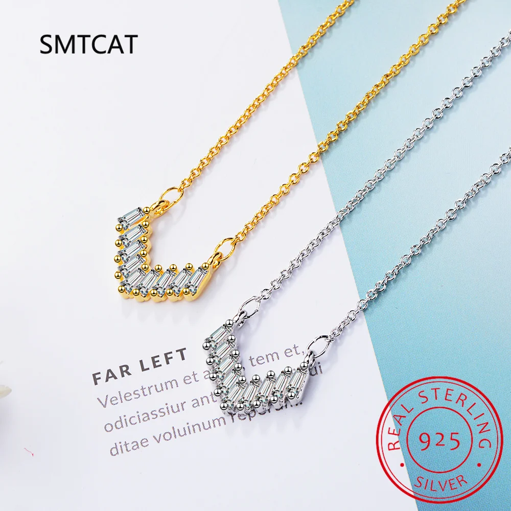 

Top Quality Real 925 Sterling Silver V Shape Letter Pendant Necklace For Women Dazzling Zircon Fine Female Jewelry