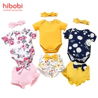 hibobi Baby Girl Bodysuit Short Sleeve Flower Print Jumpsuits Clothes Set For Newborns Outfit Ruffle Headband Shorts 3 Pcs