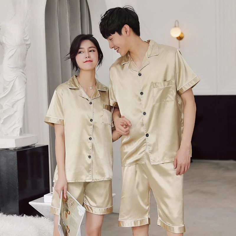 

Summer Solid Color Silk Lover Nightwear Short Sleeve Casual Family Sleepwear Men & Women Couple Lounge Wear