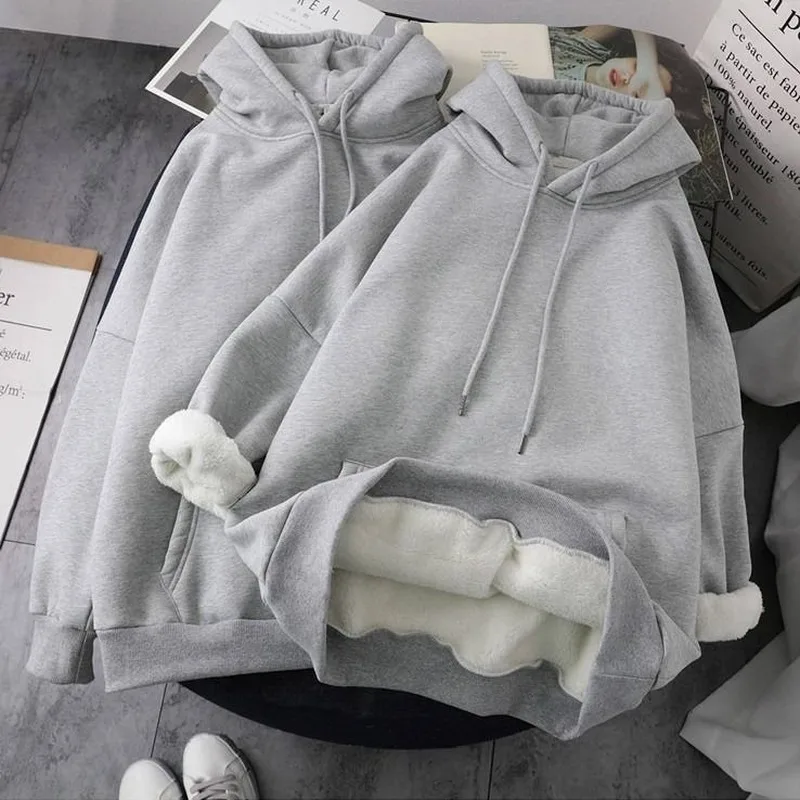 

Women Winter Sweatshirts Coat Causal Warm Thick Fleece Pocket Solid Grey Black Female Hooded Coat Outerwear Harajuku BF Oversize
