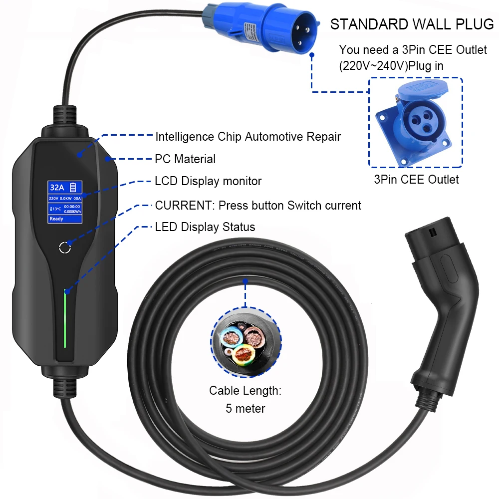 Портативное зарядное устройство для электромобилей тип 2 1 Тип 32A EVSE с вилкой