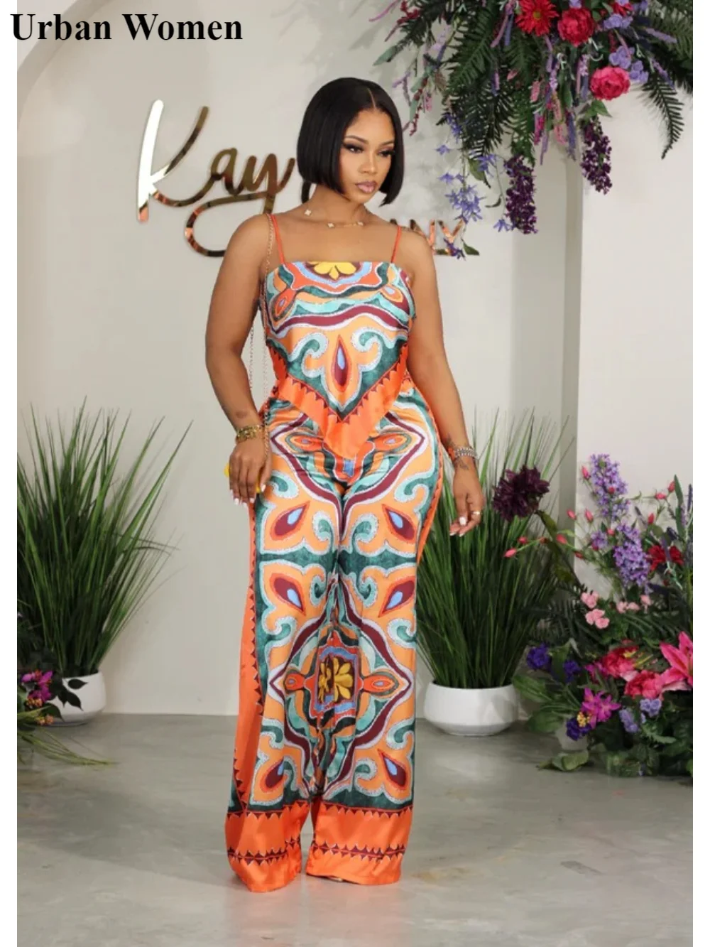 

Summer Fashion Satin Print Two Piece Set Women Casual Sleeveless Camisole Wide Leg Pants Two Piece Set Women