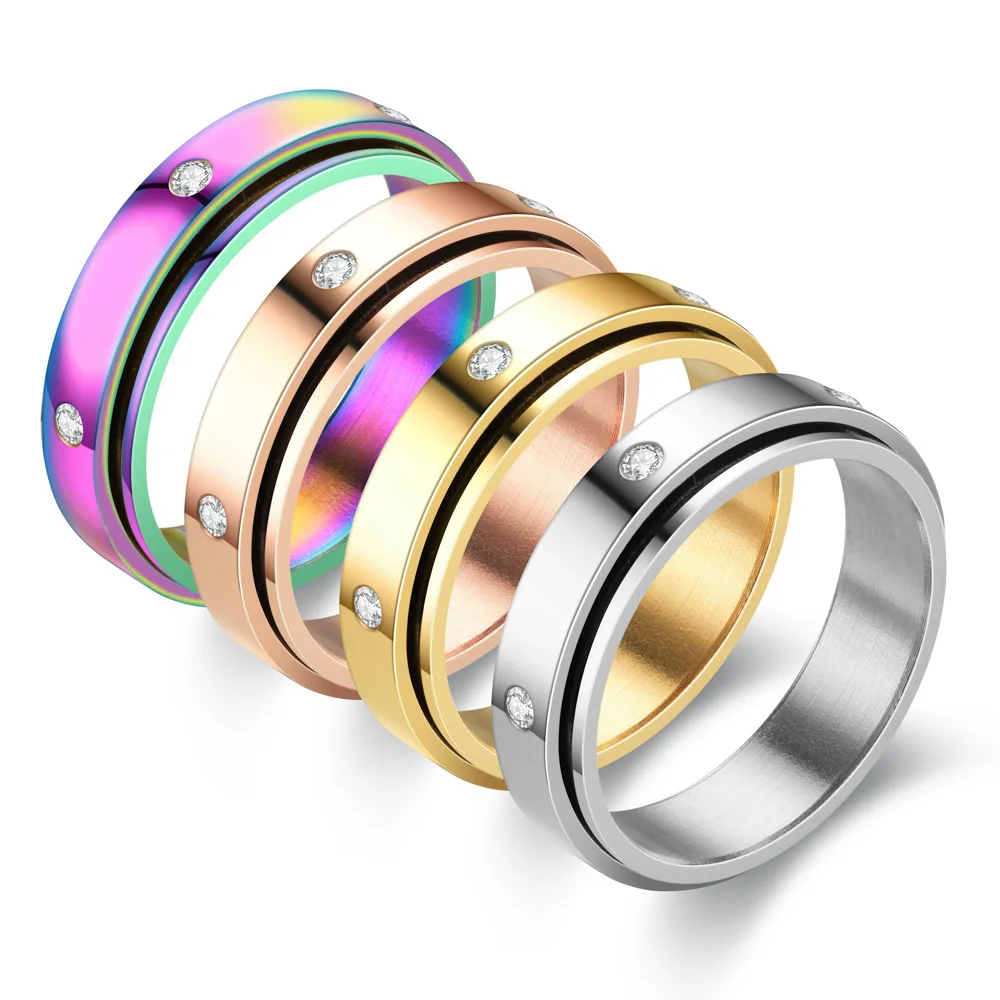

New Titanium Steel 6MM Rotatable Couple Ring with 6 Zircon Trendy Anti Stress Spinner Ring for Men and Women Wedding Jewelry