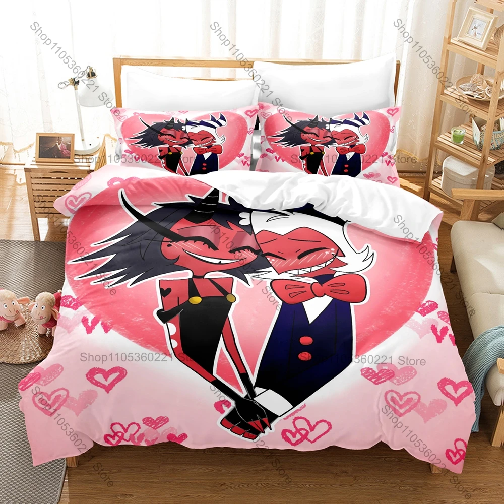 Фото Комплект постельного белья с анимационным принтом Helluva Animated Series Moxxie Millie Cute Imp Couple: 1 пододеяльник + 2 наволочки, HD цифровая печать №2