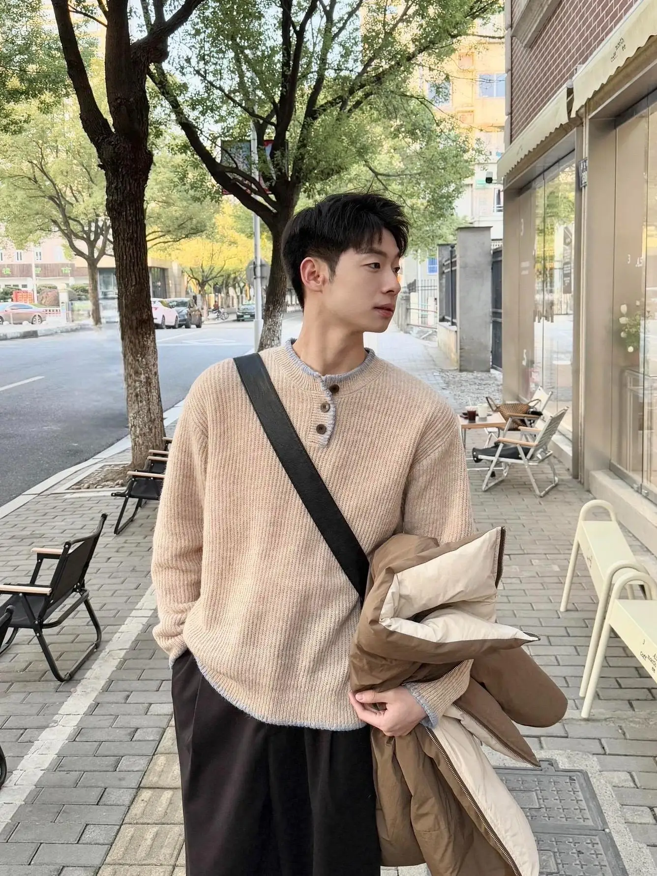 Абрикосовый американский винтажный свитер с воротником Генри мужской