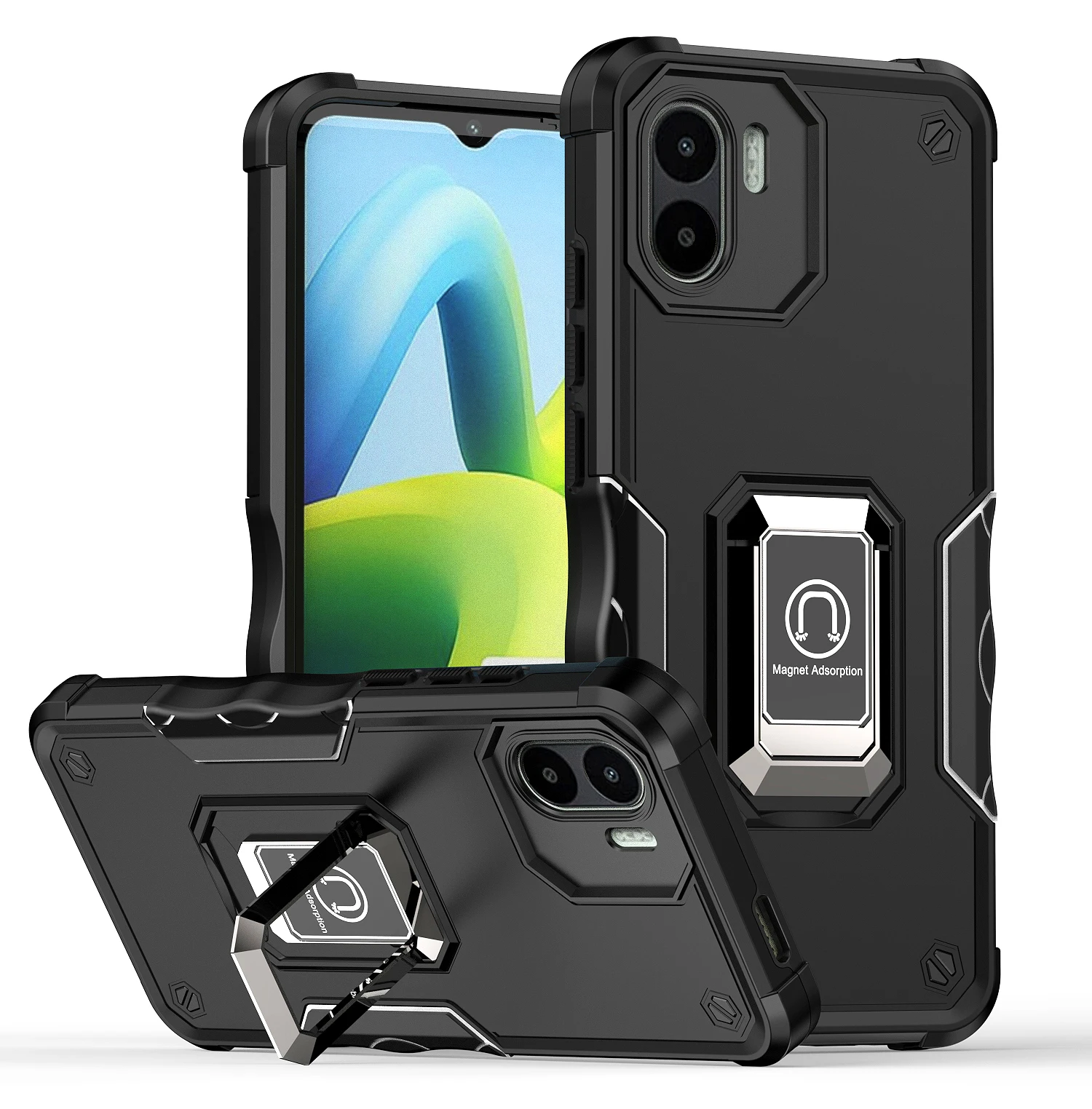 

Armor Shockproof Case for Xiaomi Redmi A1 220733SI Car Magnetic Ring Holder Luxury Soft Silicone Edges Hard Phone Cover RedmiA1