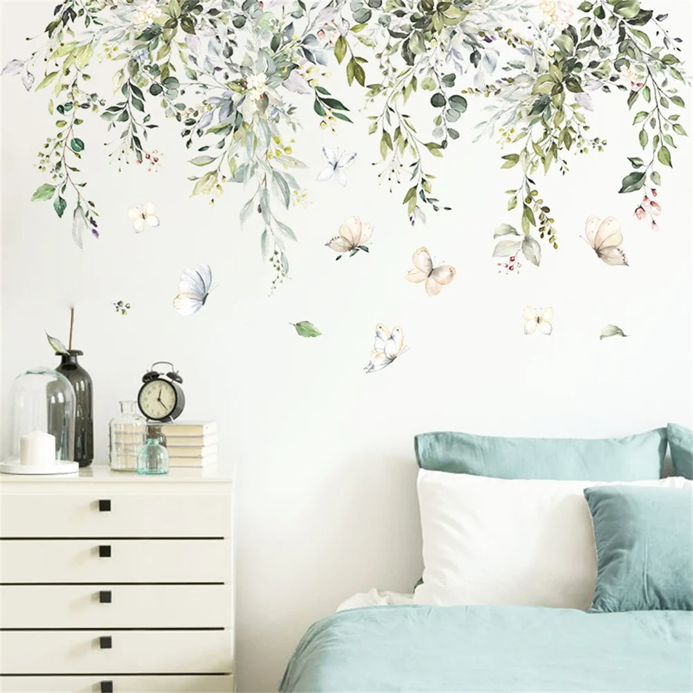 

2 Pcs Wall Stickers Tropical Green Leaf Butterfly Hanging Decoration Bedroom Living Room Home Wall Decoration Wall Sticker