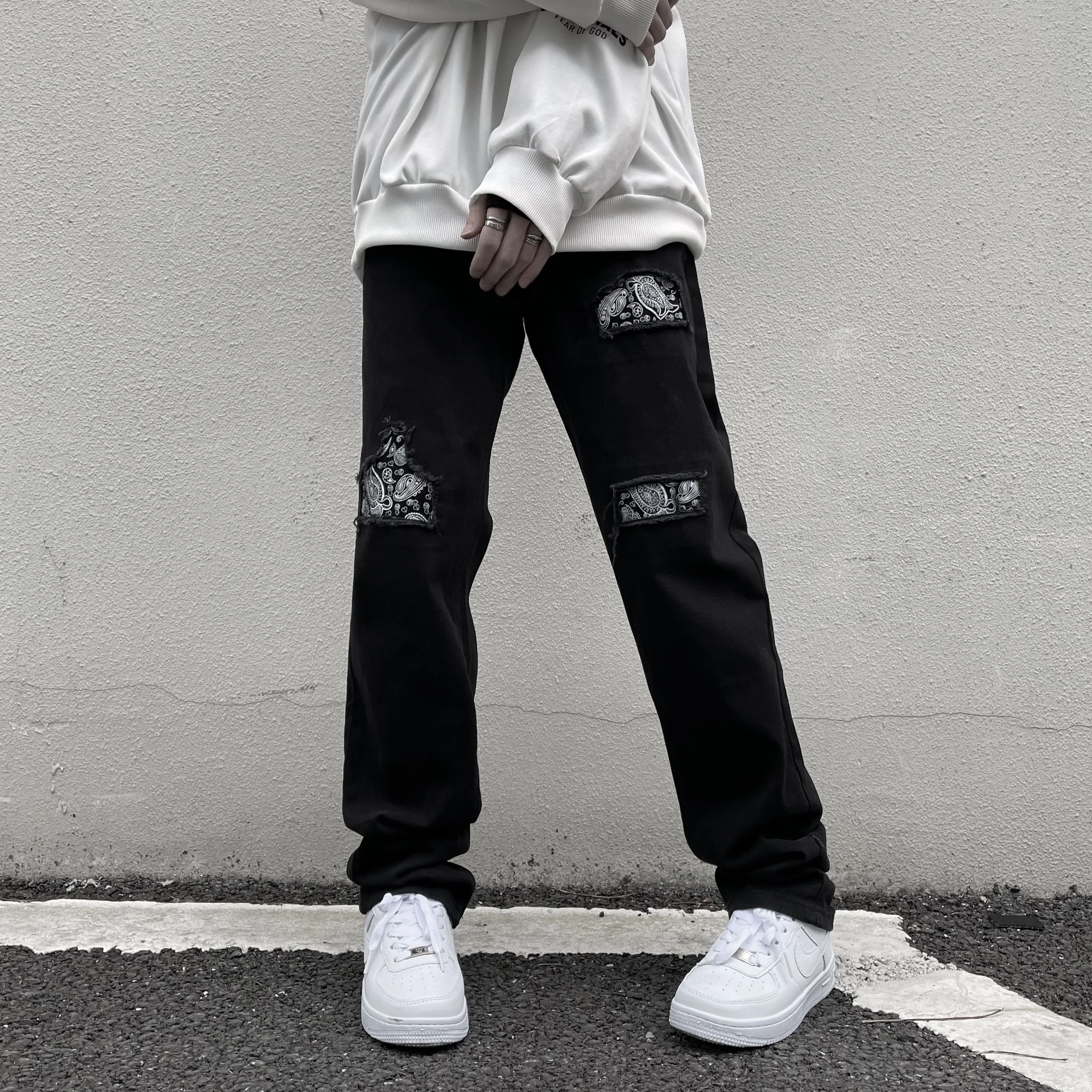 Men Ripped Straight Baggy Embroidery Jeans Destroyed Hole Denim High Quality Hip Hop Black Pants